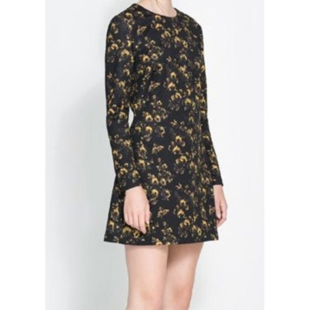 Zara Woman Yellow Floral Long Sleeve Mini Dress Black XS